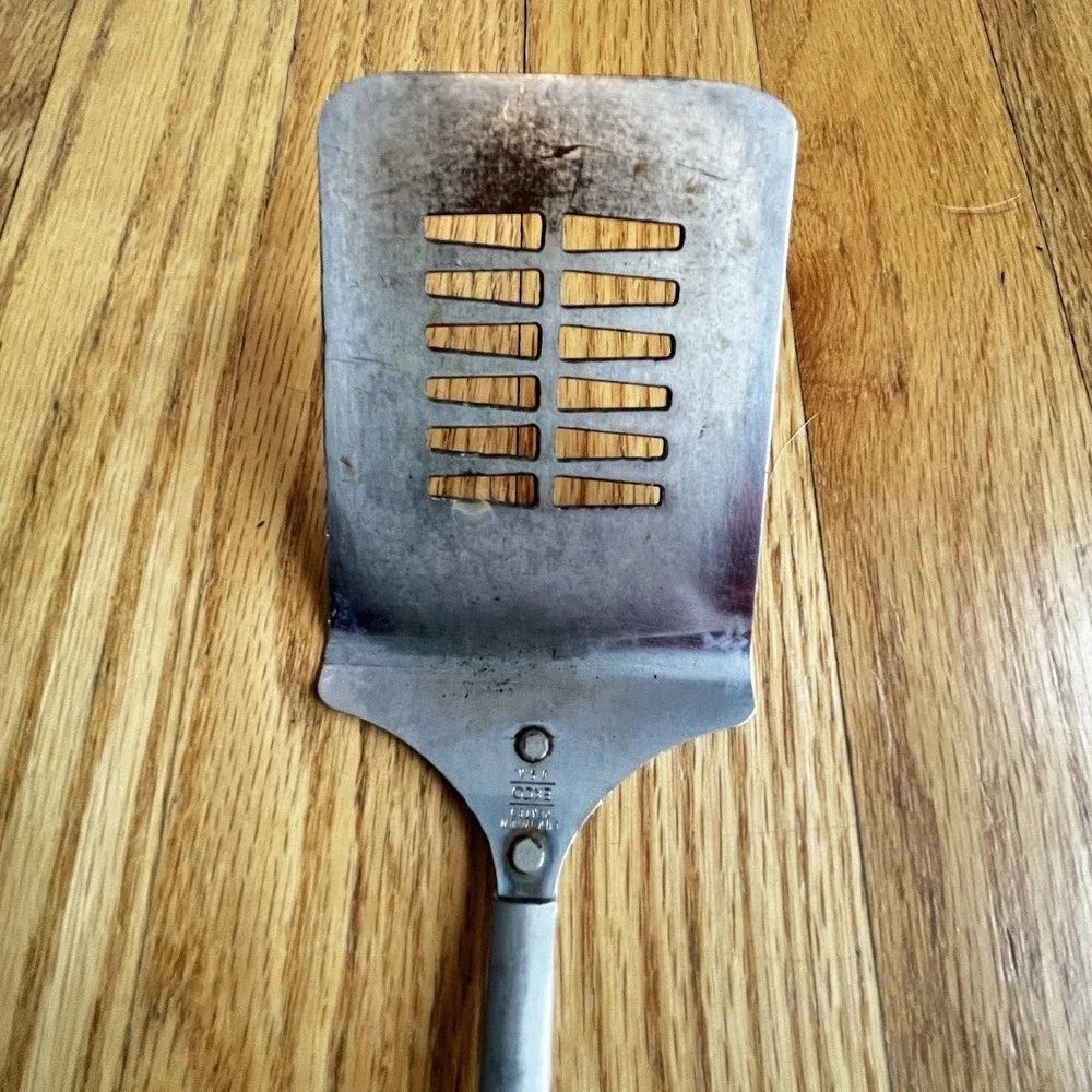 Vintage 1970's ECKO Chromium Plated Slotted Spatula Flipper White Handle MCM USA